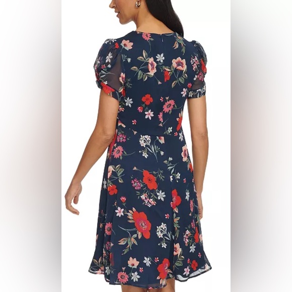 Calvin Klein Women's Printed Chiffon Tulip-Sleeve Knee-length Dress New Sz 8 - Picture 3 of 16